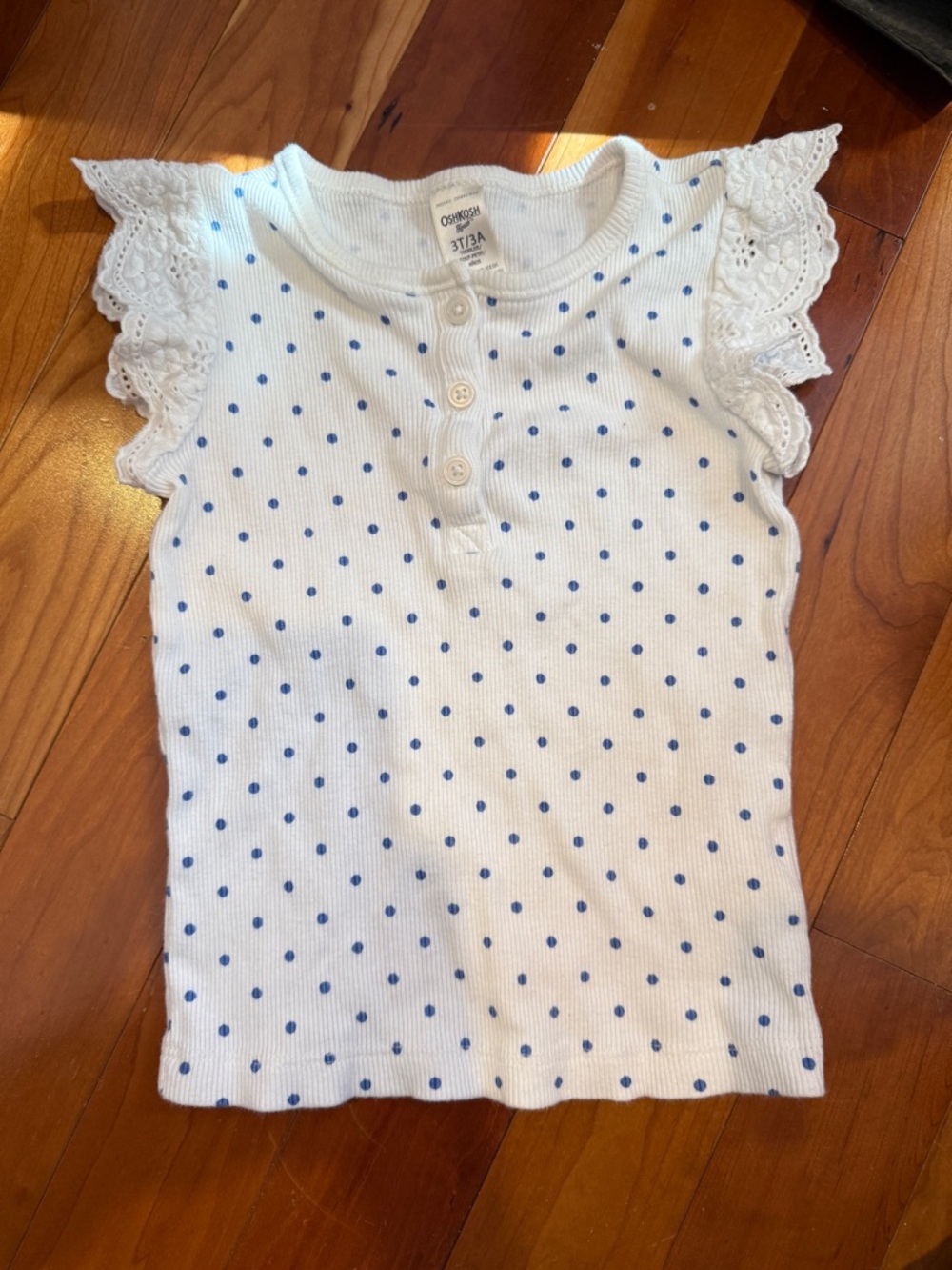 OshKosh B'gosh White Tank Top with Blue Polka Dots & Lace Ruffle Sleeves